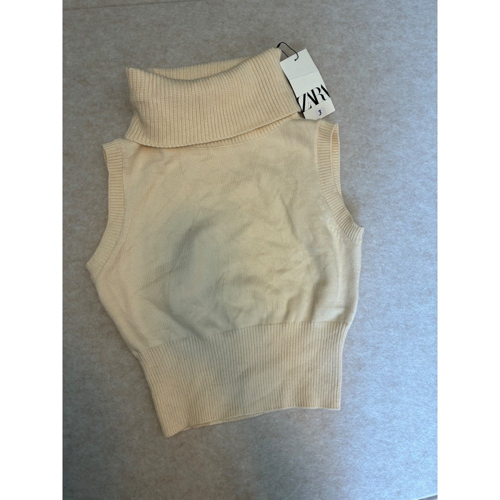 ZARA Sleeveless Turtleneck Sweater Cream Knit Vest Top Women Size L - Picture 4 of 5